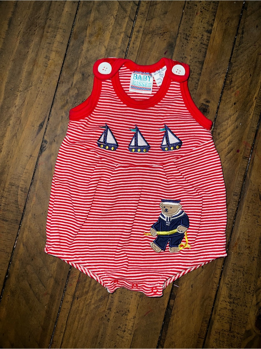 Vintage Baby Red Striped Nautical Romper with Sailboat & Bear